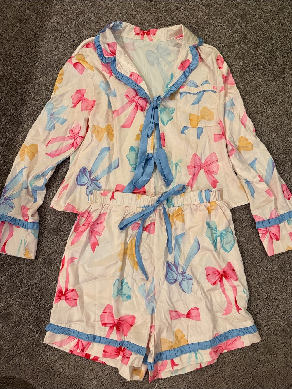 Bow Print Girly Pajama Satin Set with Blue Trim